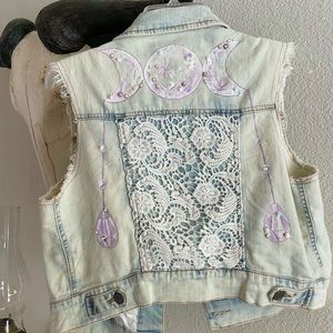 Hand painted triple moon denim lace vest